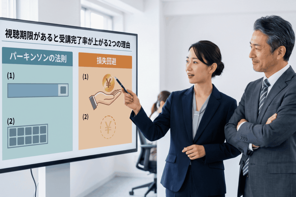 視聴期限と受講完了率の関係を示す図解を前に、女性社員と男性上司が打ち合わせをしている場面。画面には人間の行動特性としてのパーキンソンの法則と損失回避が左右に分けて表示されている。