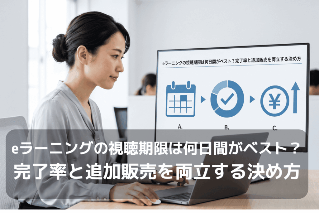 視聴期限の設定が受講完了率と売上を左右することを示すモニターを、企業の管理部門で働く女性社員が確認している場面。カレンダー、完了を示す円グラフ、円マークの3つのアイコンが矢印でつながっている。
