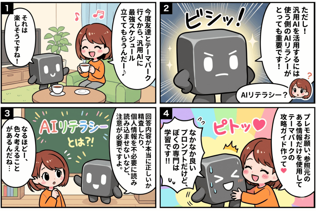AIを活用する生徒にリテラシーの大切さを教えるAIエージェント「premo」の4コマ漫画