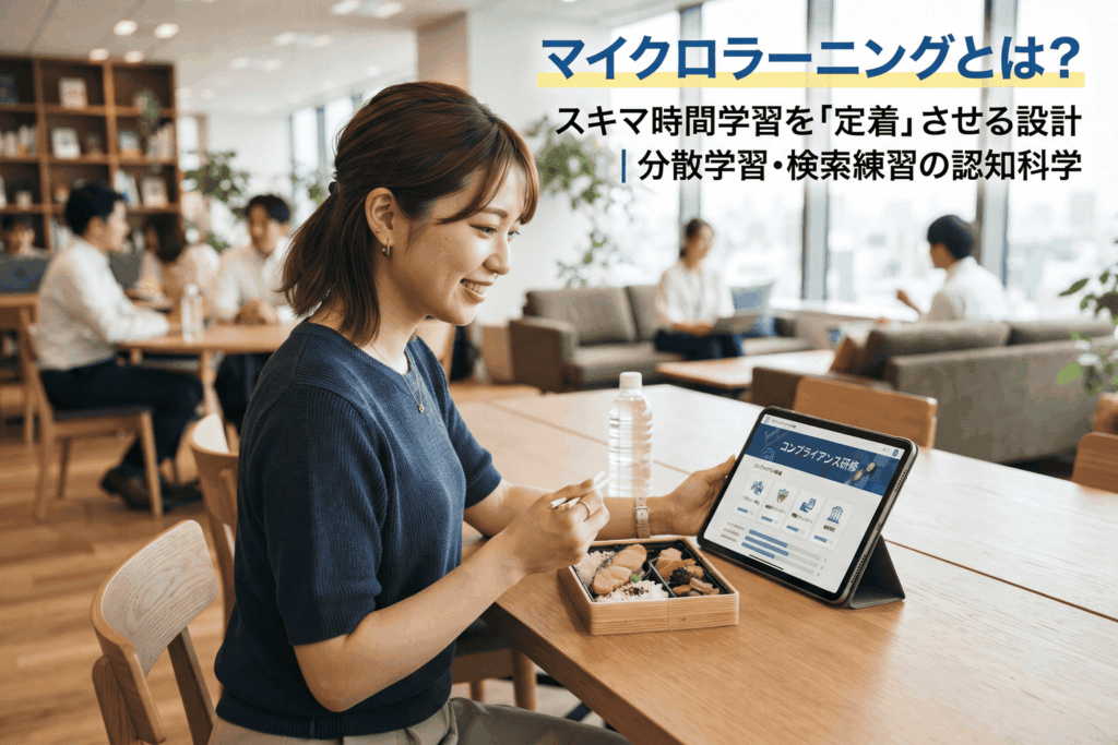 休憩中にeラーニングを受講する女性社員