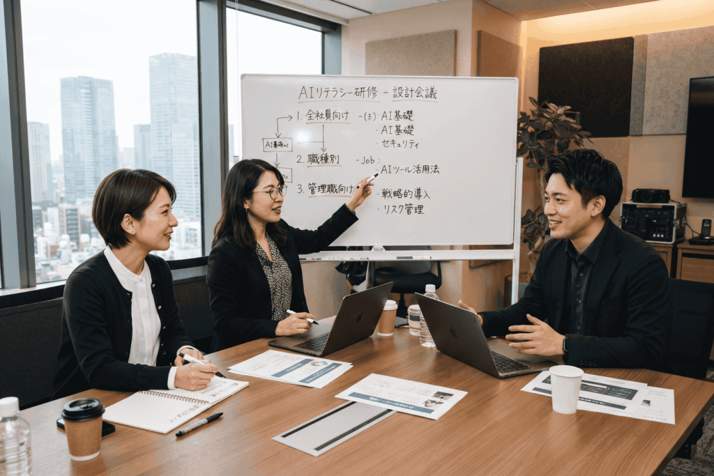 AIリテラシー研修について話し合う研修担当部署に在籍する3名の社員。