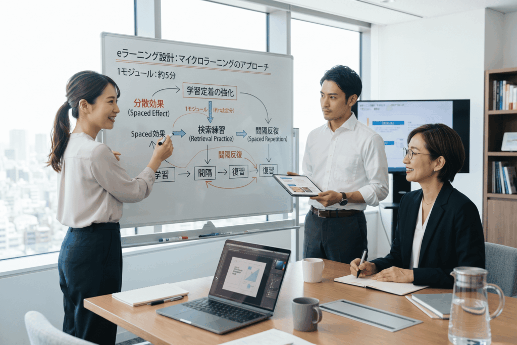 モジュール設計の会議を行う研修担当者たち