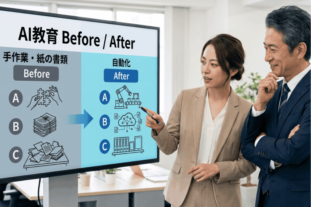 AI教育の導入でBefore/Afterがどう変わるかを示す図解を見ながら、eラーニング担当者と上司が業務効率化について話し合う様子。