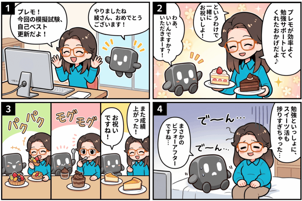 AIエージェント「premo」が学習をサポートする様子を描いた4コマ漫画。SaaS型eラーニング「manabi+ school」が開発した教育特化型AIで、成績アップの喜びとスイーツ活によるビフォーアフターがオチになっている。