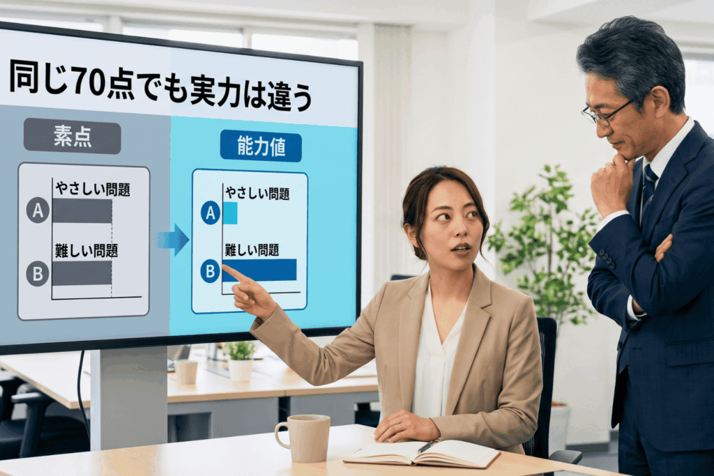 資格講座の運営者が会議室で「同じ70点でも実力は違う」と題した比較図を確認する場面。素点では同じ長さの棒グラフが、能力値ではやさしい問題と難しい問題で差がつくことを女性社員が指差し、上司がうなずいている。