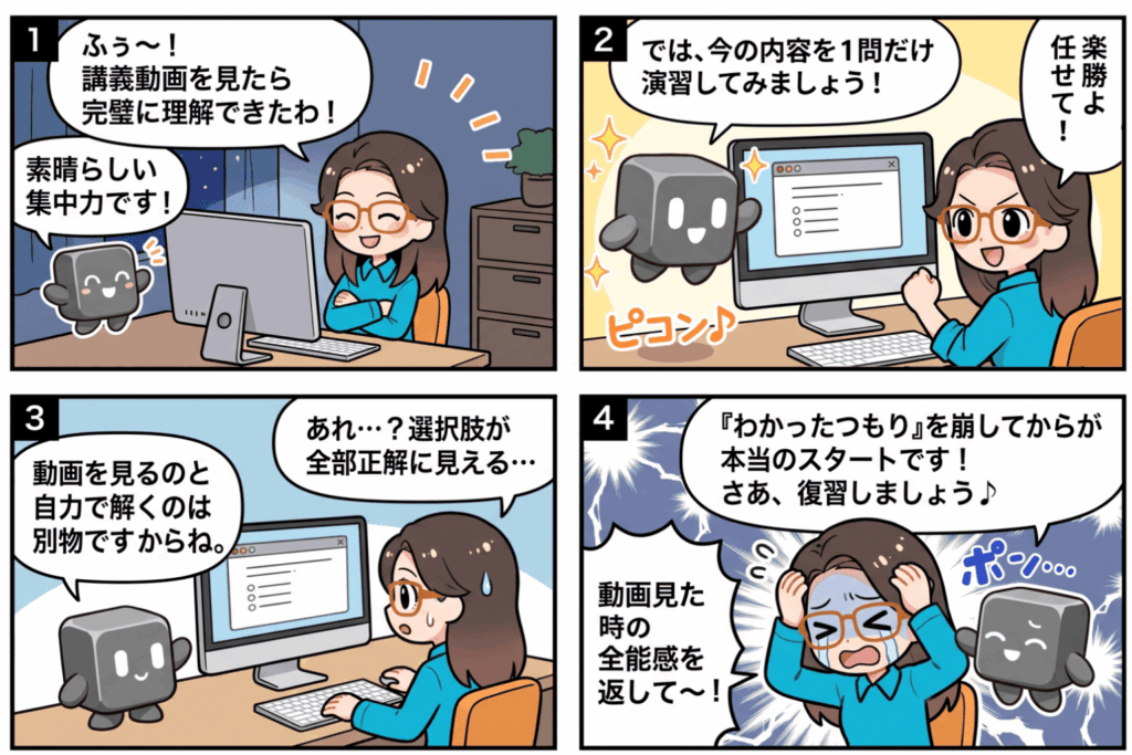 AIエージェントpremoが「わかったつもり」を崩す様子を描いた4コマ漫画。SaaS型eラーニング「manabi+ school」が開発した教育特化型AIエージェントで、講義動画を見て理解した気になった受講者が、いざ演習問題を解くと選択肢に迷い、そこから復習が始まる流れを表現している。