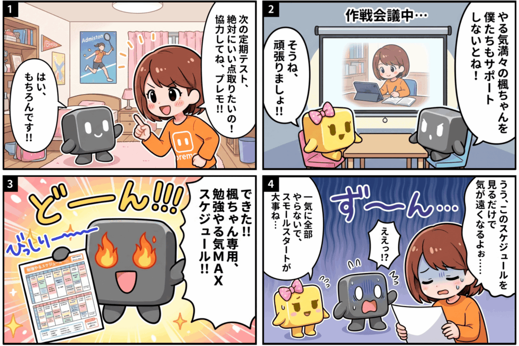 意欲の高い学習者に緻密な学習スケジュールを提出したものの、返ってモチベーションを下げてしまったpremoの4コマ漫画