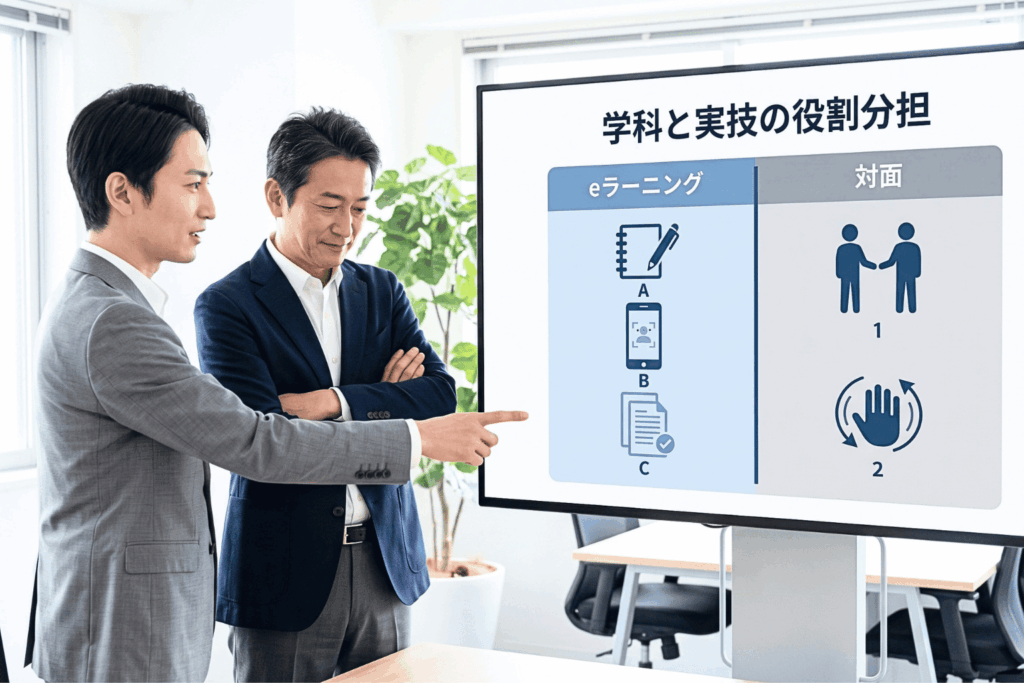 警備員教育をeラーニングと対面に振り分ける「学科と実技の役割分担」を示した画面を、オフィスで男性社員2人が確認している場面。左側にはノートや顔認証端末、テストのアイコンが、右側には対面での訓練を表すアイコンが並んでいる。