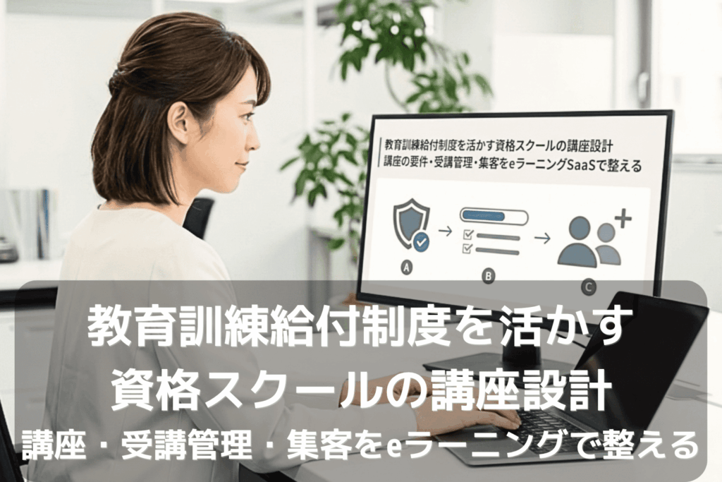eラーニングSaaSで資格スクールの受講管理や集客を整える流れを、オフィスの女性社員がモニターで確認する場面。画面には教育訓練給付制度の講座設計の見出しと、盾、進捗バー、人型の3つのアイコンが矢印でつながって表示されている。
