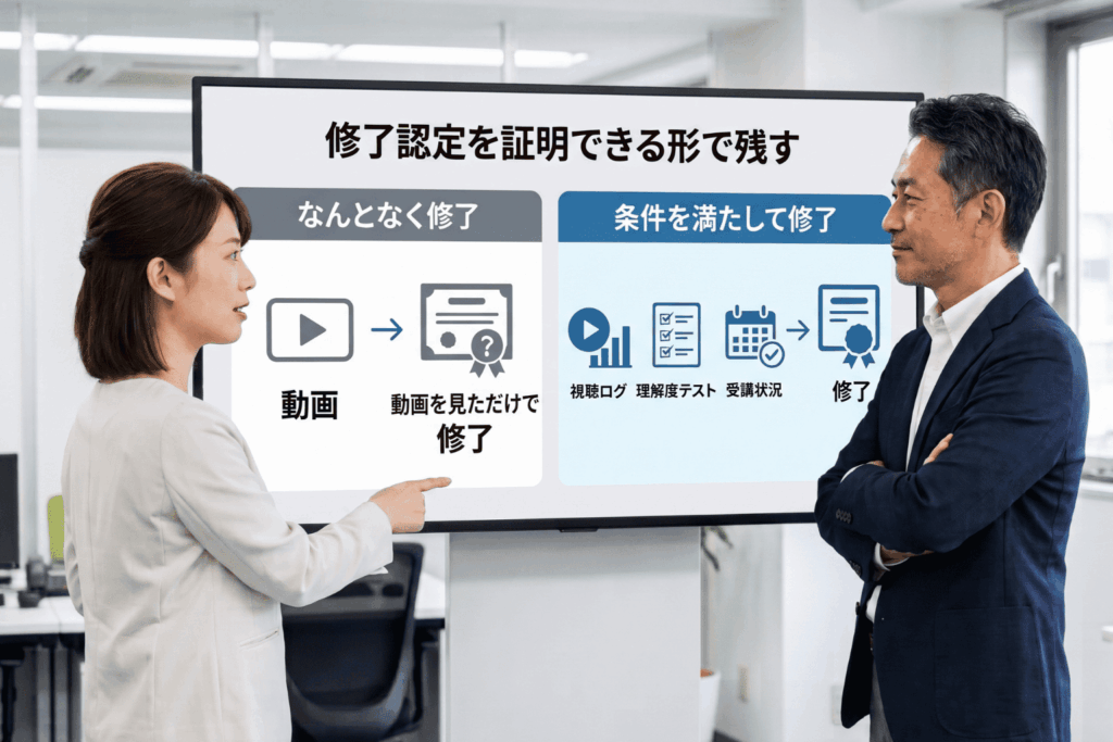 教育訓練給付制度の指定講座に必要な修了認定を、30代の女性社員と50代の男性上司が会議用スクリーンの図解で確認する場面。「なんとなく修了」と「条件を満たして修了」を比較し、視聴ログ・理解度テスト・受講状況から修了を認定する流れを示している。