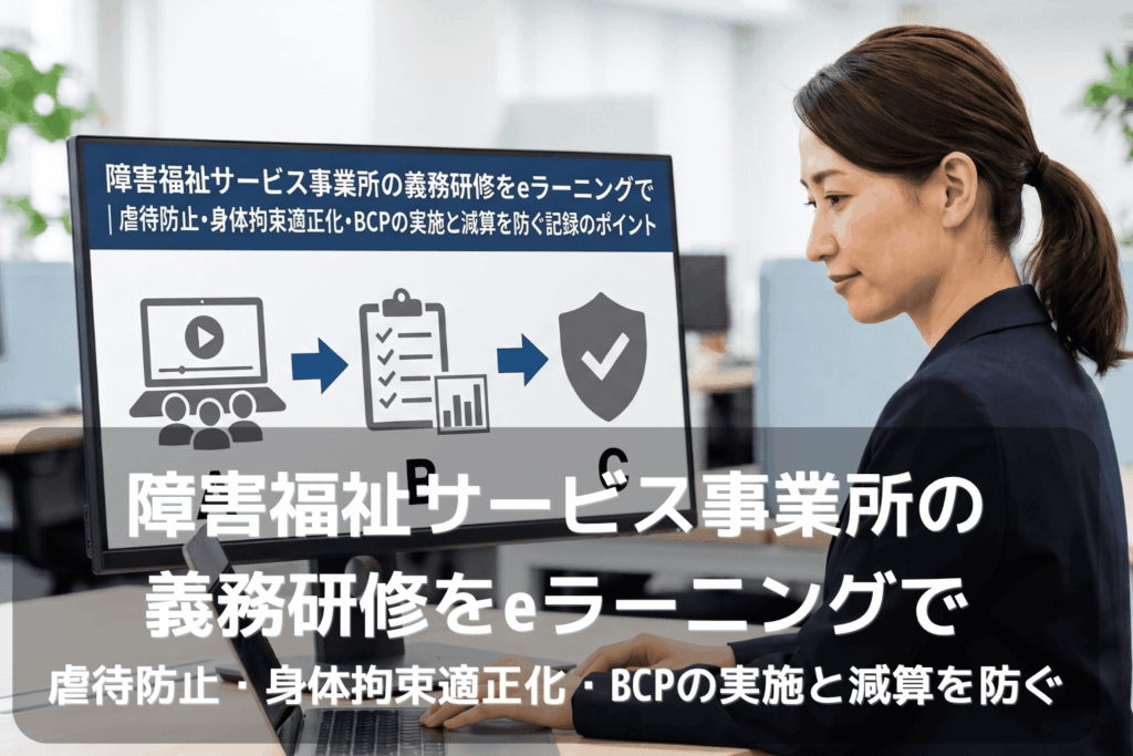 eラーニングによる障害福祉サービス事業所の義務研修について、スーツ姿の女性がノートパソコンを使いながらモニターを見ている場面。画面には、動画視聴、受講記録、減算を防ぐ盾へと進む3ステップの図が映っている。
