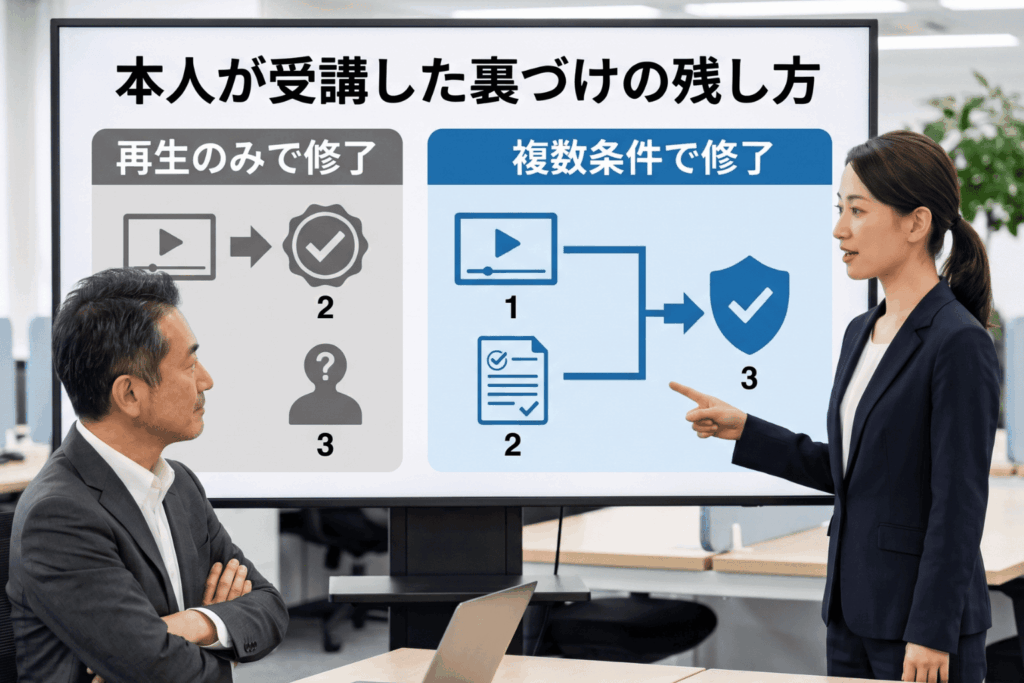 eラーニング研修で本人が受講した裏づけを残す方法を、30代女性と50代男性上司が会議用スクリーンで確認している場面。スクリーンには、再生のみで修了する場合と、動画視聴とテストなど複数条件で修了する場合を比べた図が映っている。