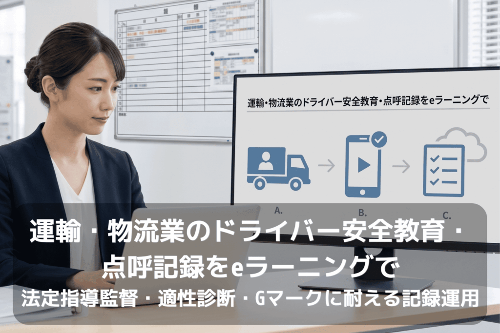 運輸・物流業の教育担当者が、eラーニングでドライバー安全教育・点呼記録を運用する流れを確認している場面。モニターにはトラック、動画受講、チェックリストとクラウドという3つのアイコンが矢印でつながれて表示されている