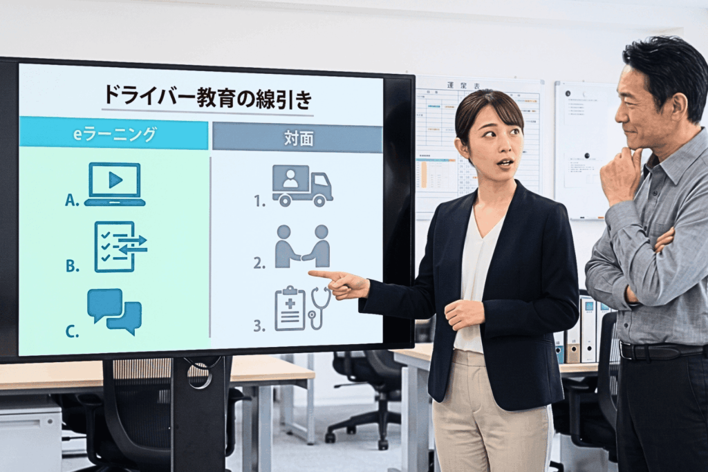 運輸・物流業のドライバー教育をeラーニング化する際の線引きを示した比較図。画面左のeラーニング側に動画受講・テスト・多言語配信、右の対面側にトラック実車指導・面談・適性診断のアイコンが並び、担当者が上司に説明している