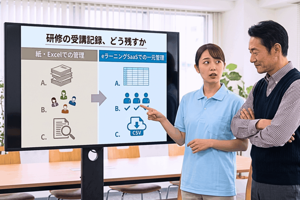 研修の受講記録の残し方を比較したスクリーンを前に、保育園の女性職員が園長に説明する場面。左は紙の山とバラバラの職員管理、右は台帳・受講状況の一覧・CSV出力による一元管理を示している。