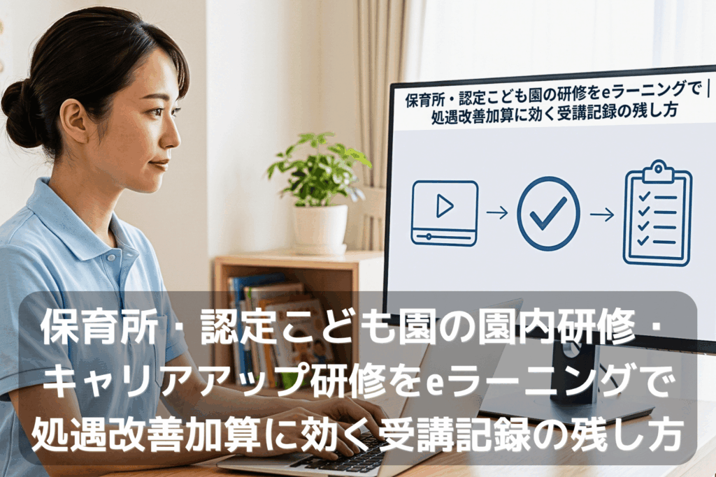 保育士の研修受講記録をeラーニングで管理する場面。保育園の事務室で職員がモニターを見ながら、動画配信から受講完了、記録の台帳化までの3ステップを確認している。