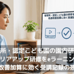 保育士の研修受講記録をeラーニングで管理する場面。保育園の事務室で職員がモニターを見ながら、動画配信から受講完了、記録の台帳化までの3ステップを確認している。