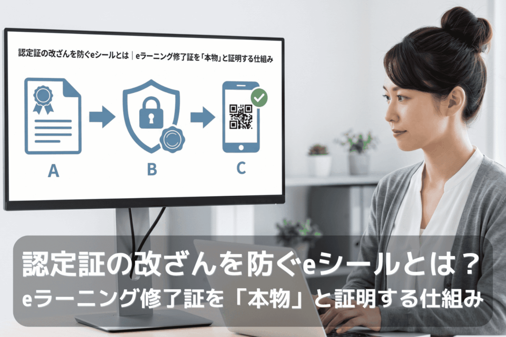 企業の管理部門で働く女性社員が、認定証の真正性を確認する仕組みをモニターで見ている場面。モニターには、認定証、盾と錠前、QRコードを表示したスマートフォンの3つのアイコンが矢印でつながって表示されている。