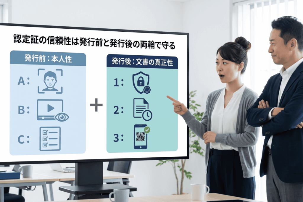 企業の管理部門で働く女性社員と上司の男性が、会議用スクリーンの図解を確認している場面。スクリーンには、発行前の本人確認と発行後の改ざん検知を左右に並べた比較図が表示されている。