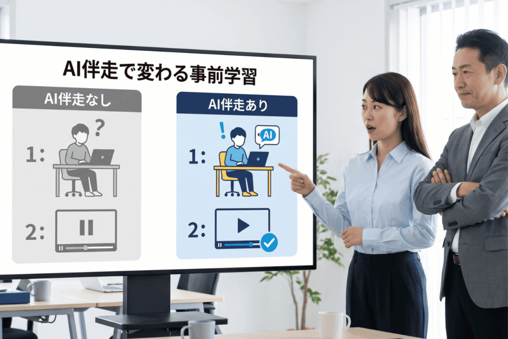 AI伴走の有無で変わる事前学習を、会議用スクリーンで確認する女性社員と男性上司。図では、疑問を抱えて動画視聴が止まる受講者と、AIの吹き出しで疑問が解けて動画を最後まで視聴する受講者を左右に並べて比較している。