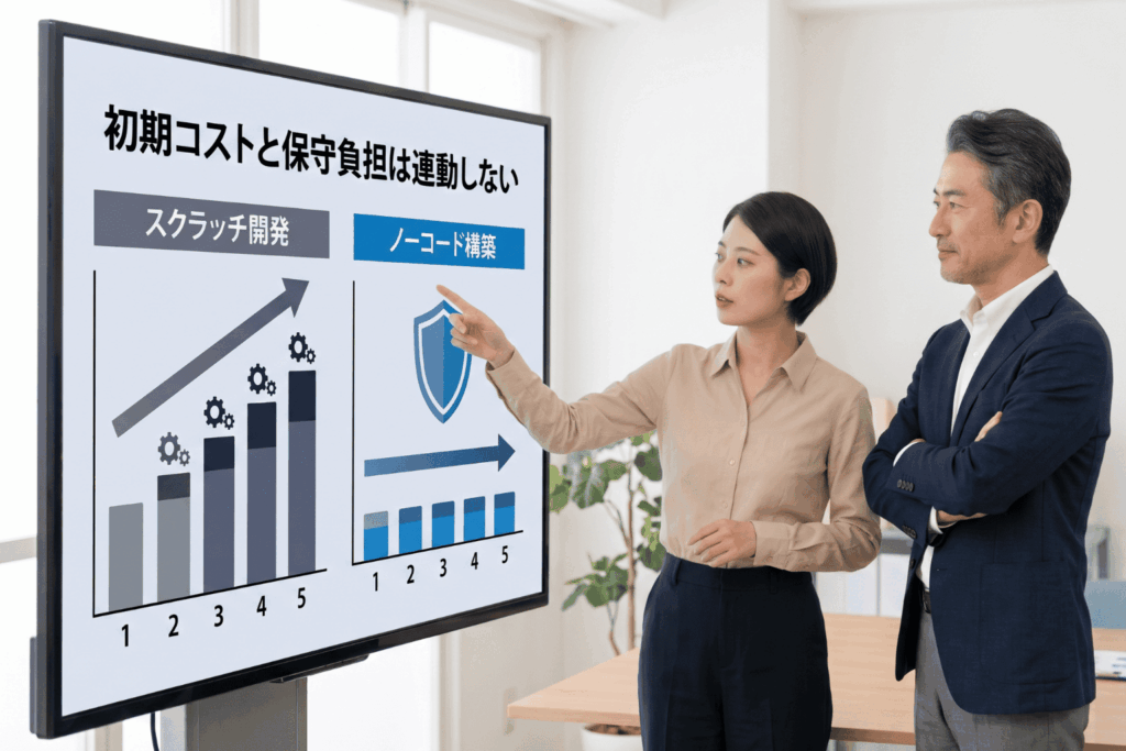 会議用スクリーンに映したeラーニングシステムのコスト比較を、女性社員と上司が確認している場面。スクラッチ開発は保守費用が年々積み上がり、ノーコード構築はほぼ一定であることを棒グラフで示している。