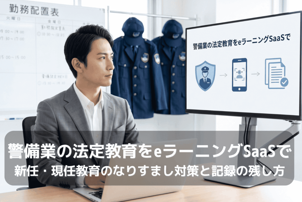 法定教育のeラーニング化を検討する警備会社の営業所。管理担当の男性がノートパソコンを前に、警備員・顔認証・教育記録の3つのアイコンで構成された「警備業の法定教育をeラーニングSaaSで」という画面を確認している。