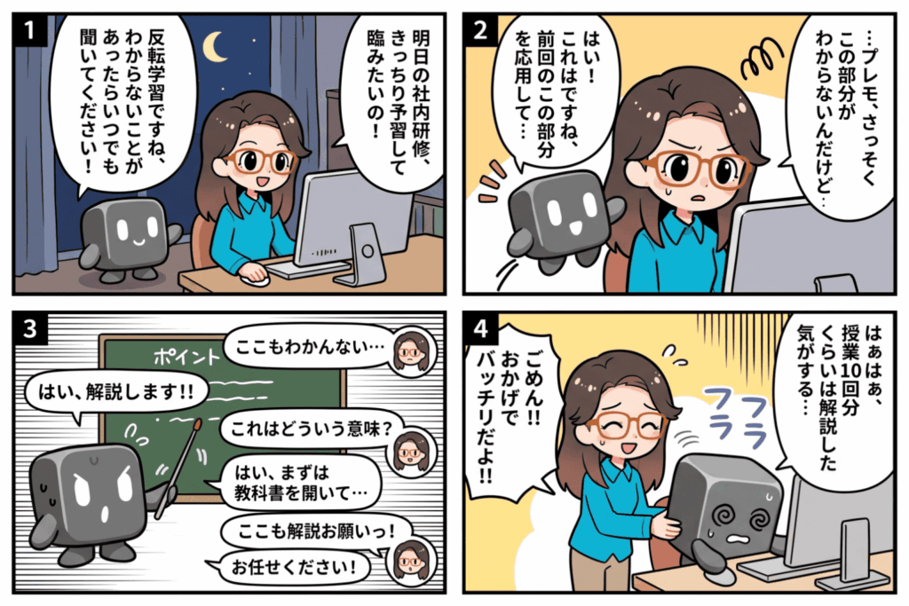 反転学習で予習する女性社員が、AIのpremoに質問を重ねる様子を描いた4コマ漫画。premoはSaaS型eラーニング『manabi+ school』が開発した教育特化型AIエージェントで、解説し続けて目を回し、女性は理解できたと感謝する。