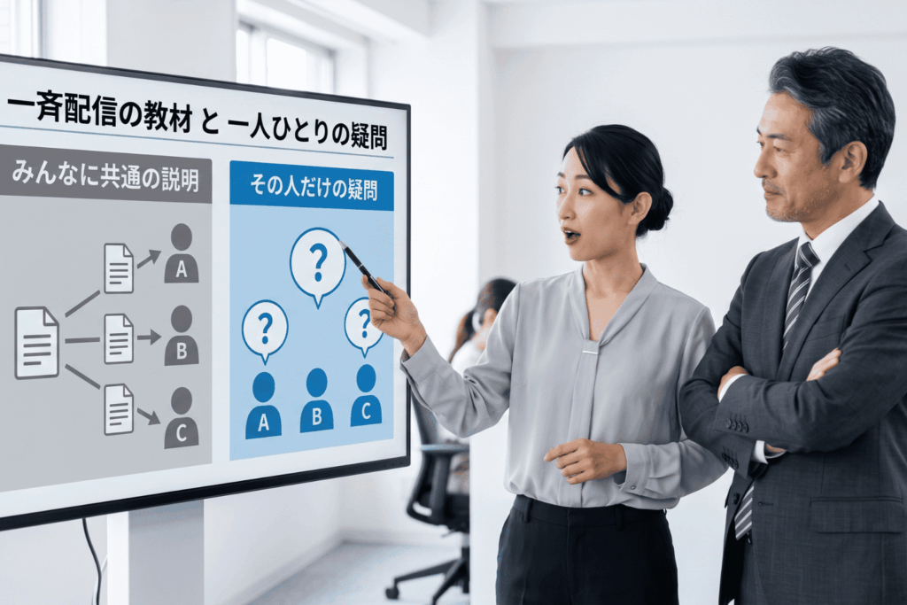 一斉配信の教材では全員に同じ資料が配られるのに対し、受講者一人ひとりから異なる疑問が生まれることを左右で比較した図解。オフィスで教育担当の女性が画面を指しながら上司に説明している場面。SaaS型eラーニング「manabi+ school」の記事で、教材だけでは個別の疑問に答えられないことを示している。