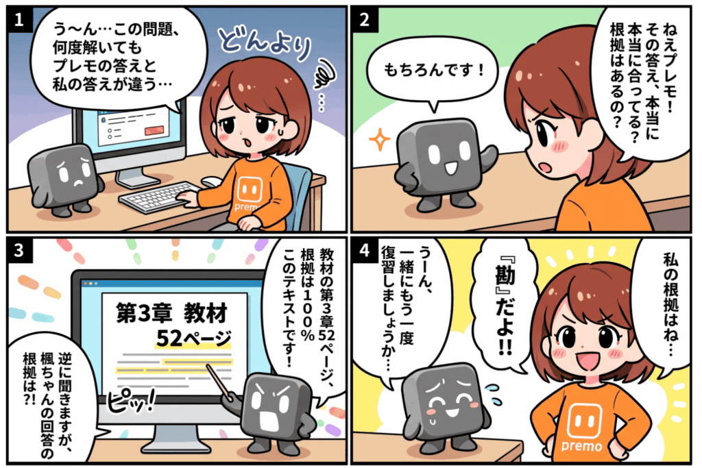 AIチューターのpremoと受講生が、問題の答えの根拠を問い合う様子を描いた4コマ漫画。SaaS型eラーニング「manabi+ school」が開発した教育特化型AIエージェントで、教材52ページを根拠に答えるが、受講生の根拠は「勘」というオチ。