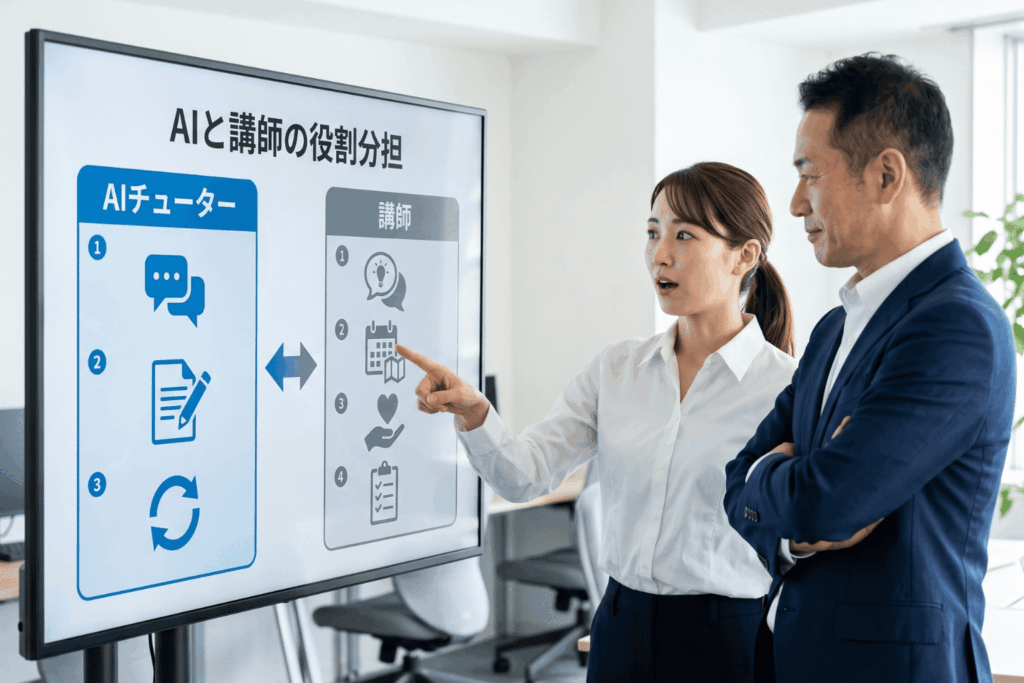 AIチューターと講師の役割分担を示す図解を、会議用スクリーンで確認する女性と上司。女性が画面を指差して驚きと納得の表情を見せ、上司は腕を組んで画面を見つめる。資格講座のeラーニング教育で、AIと人が担う役割を整理する場面。