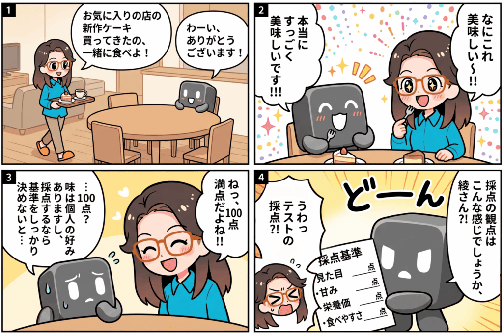 採点には基準が必要だと、ケーキの味に100点をつける場面で描いた4コマ漫画。SaaS型eラーニング『manabi+ school』が開発した教育特化型AIエージェントのpremoが、見た目や甘みなどの採点基準表を綾さんに見せるオチ。
