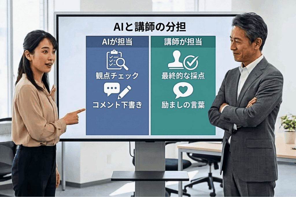 AIと講師の分担を、資格講座の教育現場を想定して説明する場面。モニターに「AIが担当」の観点チェック・コメント下書きと「講師が担当」の最終的な採点・励ましの言葉が並び、女性が指さして腕を組んだ男性に伝えている。