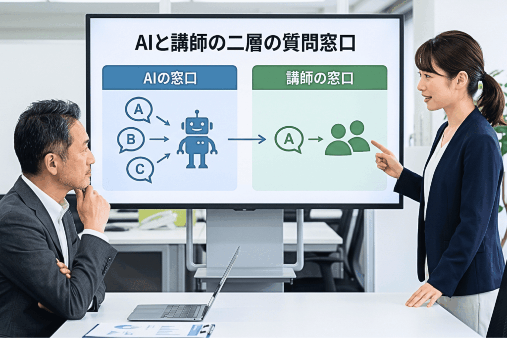 資格講座の質問対応を、AIと講師の二つの窓口に分ける考え方を会議用スクリーンで確認するオフィスの場面。スーツ姿の女性が画面右側を指差して説明し、男性上司があごに手を当てて聞いている。AIの窓口の3つの質問のうち、講師の窓口に届くのは1つ。