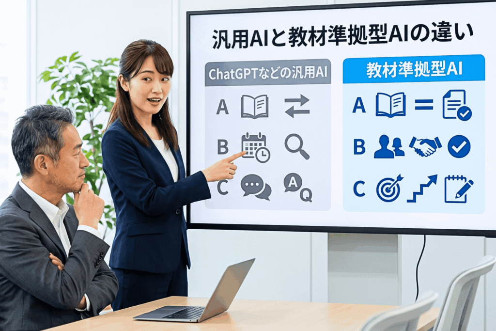 資格スクールの会議室で、スーツ姿の女性社員がChatGPTなどの汎用AIと教材準拠型AIを比べた図解を指差して説明し、手を顎に当てた男性上司が画面を見つめて内容を確認している場面。AIの違いを整理している。