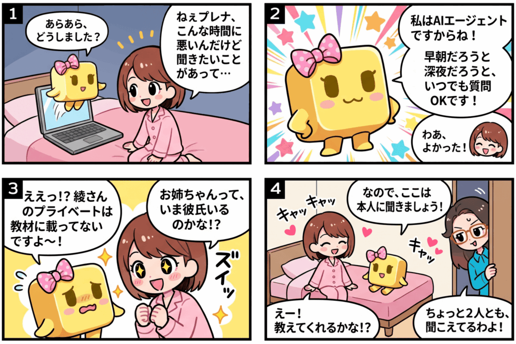 深夜でも質問OKのAIエージェントprena(premo)
と、パジャマ姿の女性を描いた4コマ漫画。SaaS型eラーニング『manabi+ school』が開発した教育特化型AIで、教材にない質問は本人に聞くよう促すが、姉に聞かれていたオチ。